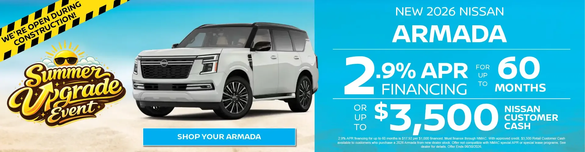 New 2026 Nissan Armada with 2.9 percent financing for up to 60 months or up to $3,500 Nissan customer cash.